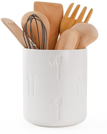 Autumnlife Utensil Holder, 6.1” Ceramic Utensil Crock for Cutlery & Cooking Tools, Modern Farmhouse Utensil Pot Organiser with Relief Carving for Kitchen Countertop - White