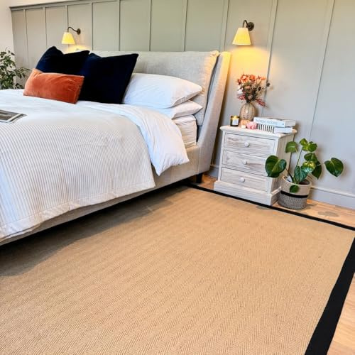 Jute Black Cotton Bordered Rugs Brown Beige Herringbone Chevron Rubber Backed Bedroom Livingroom Living Home Area Rug 120cm x 170cm (3ft 11 x 5ft 7)