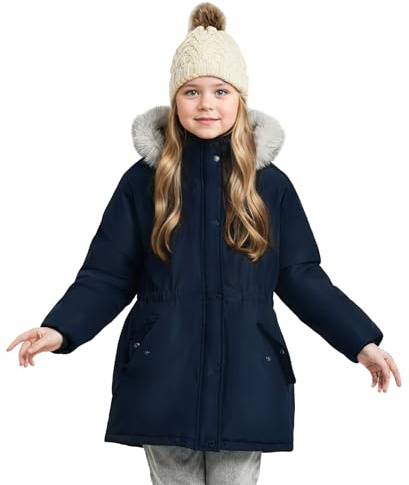 maoo garden Giacca Invernale per Ragazze Parka da Sci Pesante con Cappuccio in Pelliccia e Soprabito Impermeabile per Bambini Marina 152