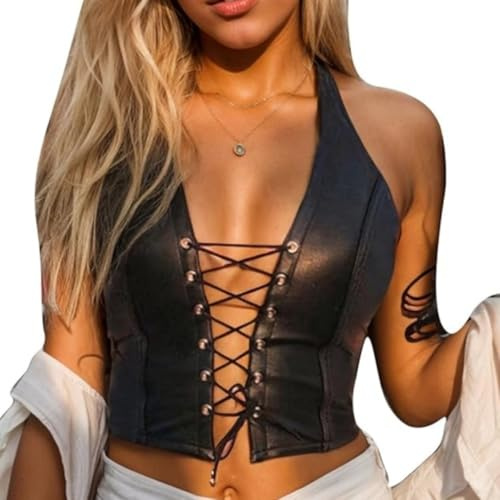 HOTSO Women Sexy Tank Top PU Leather Sleeveless Top Halter Cross Strappy Crop Top Y2k Backless Front Tie Bustier Wetlook Lingerie Bodycon (UK, Alpha, M, Regular, Regular, Black)