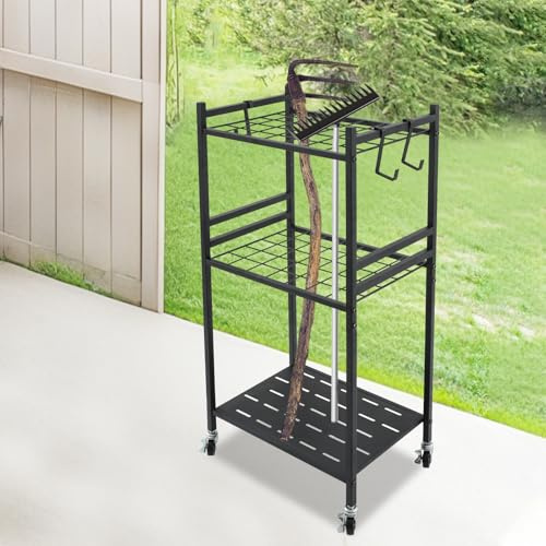 Wiyuer Supporto per attrezzi da giardino, in metallo, per attrezzi da giardino, 43 x 30 x 79,5 cm, con ruote per giardino e garage