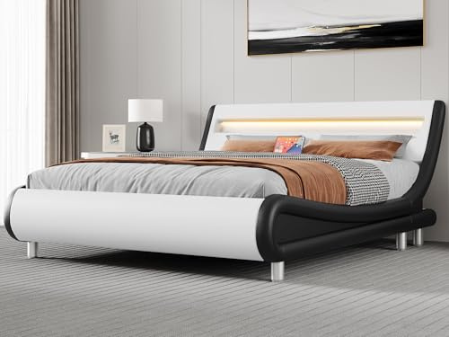 YITAHOME King Size Bed Frame,Upholstered Led with Lights & Storage Charging Station,Platform Bed Frame with Pu Leather/No Box Spring Needed,White and Obsidian Black