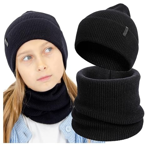 molti Gorro y bufanda para niños, lana merino, gorro de punto y bufanda para niños y niñas, cálido y transpirable, primavera y otoño, en 5 colores, Negro , 52-54
