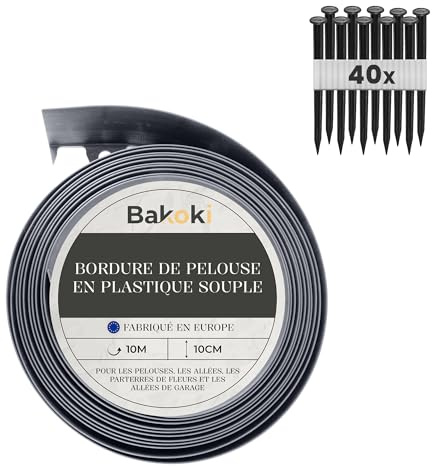 BAKOKI Bordo flessibile per prato (10 m | 40 ancoraggi | 10 cm di altezza) | grigio plastica resistente alle intemperie – bordatura per aiuole – bordo per aiuole – bordo per tagliaerba