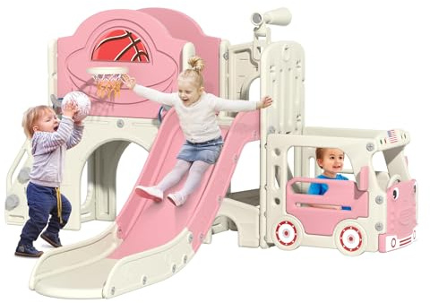 9-in-1 Toddler Slide with Climbing Ladder,Tunnel and Basketball Hoop, Indoor Outdoor Slide Set for Kids, Children's Play Equipment,Gifts for Kids Girls Boys Teen Ages 1-6 (Pink Bus)