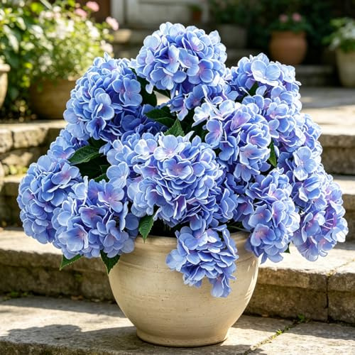 Laelfe 3 Piezas Grande Hortensias Artificiales para Exterior, Azul