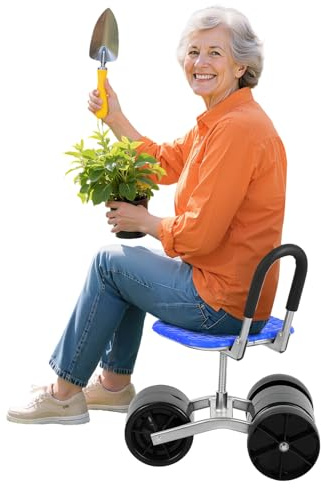 woshapce Garden Stool, Tool Trolley on Wheels, Adjustable Height Rolling Garden Seat with Tool Storage Tray, 360° Swivel Work Seat Cart,Heavy Duty Steel Frame, 150kg Capacity (Blue without Storage)