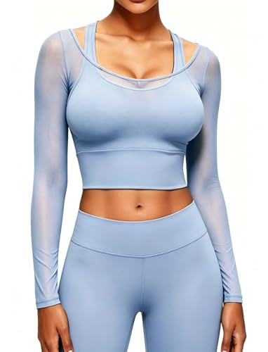 STARBILD Camiseta de manga larga de malla para mujer con sujetador integrado, aspecto de dos piezas, camiseta deportiva para yoga, camiseta deportiva Y2K, ligera, transpirable, ajustada a la figura