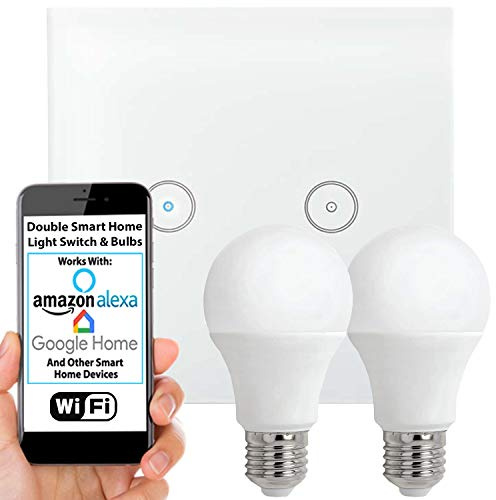 SMART HOME WiFi Light Switch & Bulb Kit | 2x 10W LED E27 Edison Cool White Lamp & Double Wireless Wall Outlet Face Plate & Remote Control Timer | White Gloss Glass Touch | Echo Alexa Voice Control