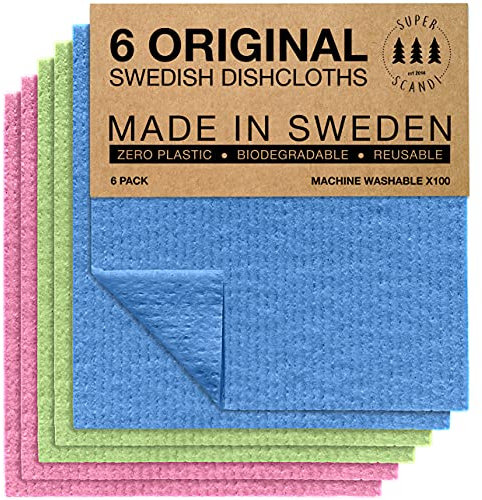 SUPERSCANDI 6 Piezas Paños de Cocina - 100% Biodegradables y Compostables | Trapos de Cocina Reutilizables, Aptos para Alimentos y Sin Plástico | Bayetas para Todas Las Superficies, Multicolor