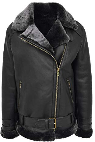 Fashion Goods A1 Veste en Peau de Mouton avec Ceinture Double Face en Peau de Mouton Noir - Noir - 40