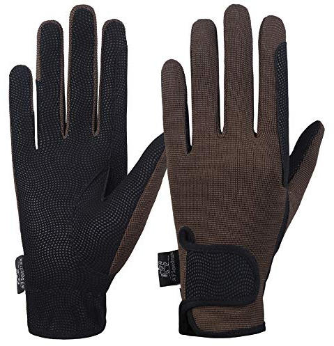 AFE Gants d'équitation pour Femme - Gants en Tissu de Piste - Cuir synthétique - Tissu Extensible Noir (Marron, Grand)