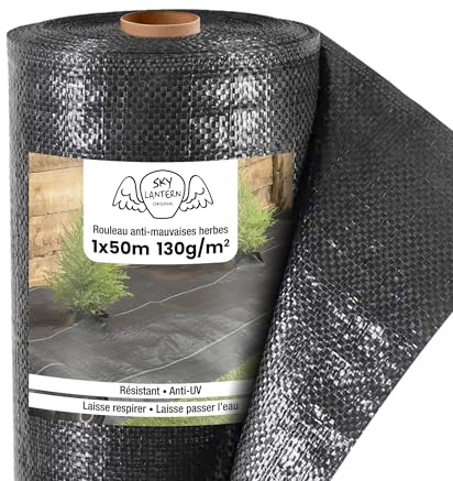 SKYLANTERN Toile de Paillage 130g/m² très épais - Geotextile Anti Repousse Gravier 50m x 1m (50m2) pour Terrasses et Allées - Bache Desherbant Anti Mauvaise Herbe 130g - Toiles de paillage Géotextile