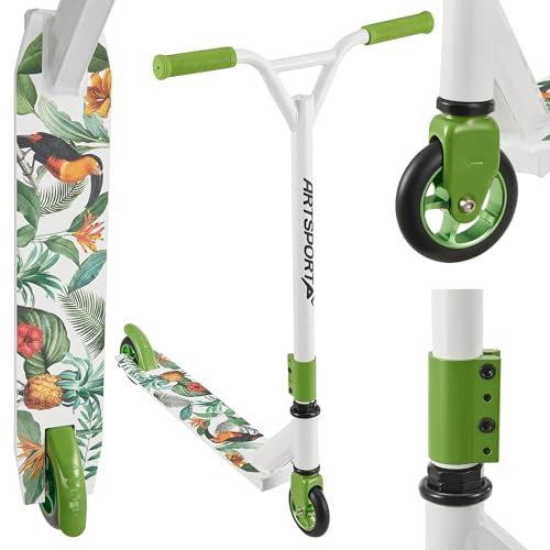 ArtSport Stunt Scooter Hawaiana - Trick Roller für Kinder & Jugendliche - 360° Lenker, 100 mm Alu Räder - Kinderroller Weiß Grün