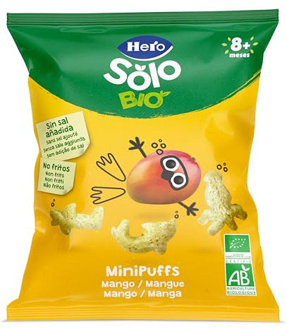 Hero Solo Minipuff Snack de Mango con ingredientes 100% ecológicos, sin sal añadidam sin aditivos y no fritos- 18gr, Para Bebés a Partir de 8 Meses
