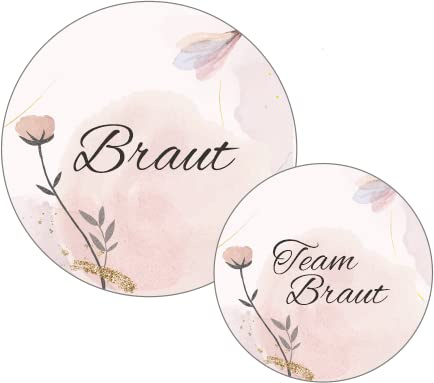 JGA-Button-Set BOTANICAL I 1xBraut (Ø56 mm)+ 10xTeam Braut (Ø37mm) I pastell + rosè I Hochzeit JGA Party Anstecker