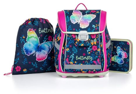 OXY BAG Schulranzen Set PREMIUM LIGHT – Leichter 3-teiliges Set, ergonomisch, 27L, Reflektoren, mit Etui & Sportbeutel, ideal für Kinder (1.–3. Klasse), 8kg Traglast, Schmetterling