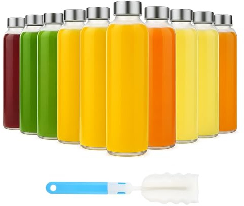 Sursip [10 Pack] 18 oz Glass Water Bottles with Lids, Juice Bottles, Clear glass juice bottle for juicing, Eco-Friendly Reusable Glass Juicing Bottles with Stainless Steel Lid, BPA Free,Leak-Proof