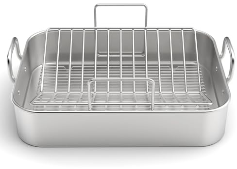 Stainless Steel Roasting Pan, 17*13 Inch Turkey Roaster with Rack - Deep Broiling Pan & V-shaped Rack & Flat Rack, Non-toxic & Heavy Duty, Great for Thanksgiving Christmas Roast Chicken Meat Lasagna