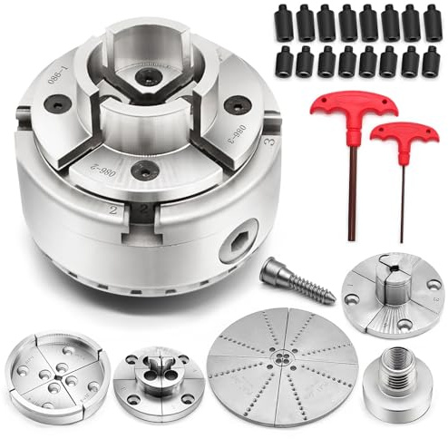 Yunnergo 1 x 8 TPI Thread 4 Inch Self Centering Wood Lathe Nickel-Plated Chuck Set 2/3/5 Jaw Turning Chuck Set (5PCs Jaw)