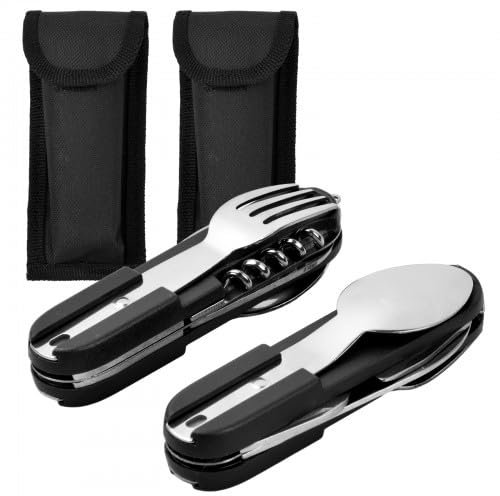 Dokeno 2 Stück Camping Besteck Bundeswehr Schwarz, Campingbesteck Set Faltbar, Abnehmbar Besteckset Edelstahl für Camping, Outdoor Bundeswehr Besteck mit Oxford Tasche für Picknick, Reise