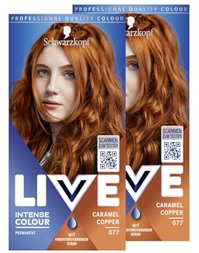 Schwarzkopf LIVE Intense Colour Haarfarbe 077 Caramel Copper (2x 142 ml), dauerhafte Coloration mit farbintensivierendem Serum, permanente Haarfarbe für perfekte Grauhaarabdeckung