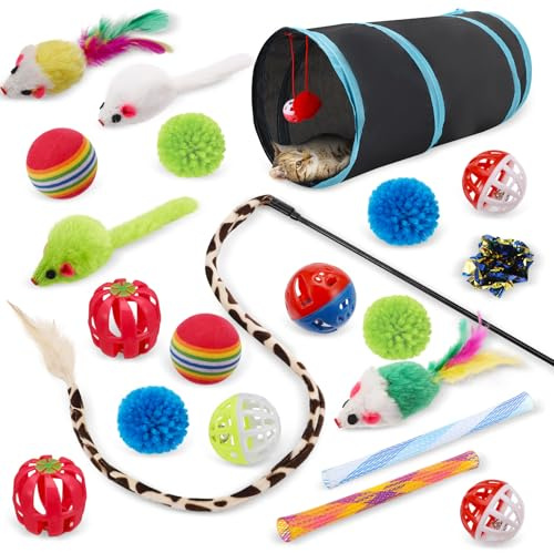 GSrenyu 24Pcs Cat Tunnel Toys Indoor, Interactive Cats Kitten Toys Set | with Collapsible Cat Tunnel,Mice,Cat Teaser Wand,Springs Toy,Crinkle Balls,Bells Balls Interactive Toy for Indoor Cats Kitten