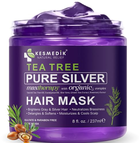 KESMEDIK Tea Tree Purple Hair Mask Toner with Argan Oil, Deep Conditioner for Dry Damaged Bleached, Blonde Silver White & Gray Hair Toner, Itchy Scalp Relief, Removes Brassy & Yellow Tones