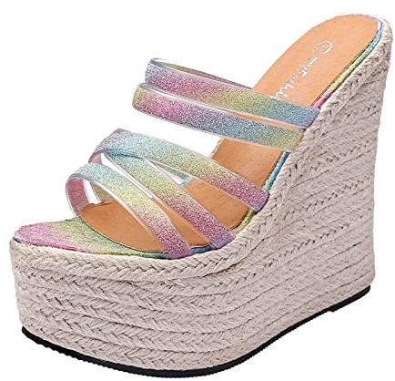 Generico Sandali Estivi Donna Plateau Sandali con Zeppa con Zeppa Alta Cinturino Multistrato da Donna Plateau Punta da Ciabatte Espadrillas (Clear,39)
