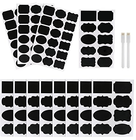 Kesote 128 Pcs Etiquettes Autocollantes Personnalisées Noir Etiquette Epices 2 Marqueurs de Craie Blanc 8 Styles Etiquettes Autocollantes Bocaux pour Cuisine Bouteilles en Verre