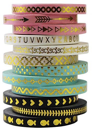 Gouert 12er Set Washi Tape Dekoband Klebeband Bunt Gold Schwarz Weiß Pink Rosa Klebebände Schmal 5mm x 10m Masking Tape DIY Craft Scrapbooking Geschenkpapier Masking Tape Japanese Papierband