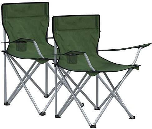 SONGMICS Sillas de Camping, Juego de 2 Sillas de Exterior, Apoyabrazos, Bolsillo para Tazas, Portátil, Plegable, Carga de 120 kg, Acampada, Jardín, Pesca, Playa, Terraza, Verde Militar GCB001C01