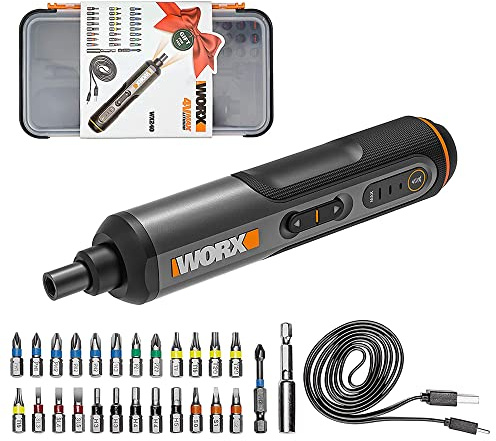 WORX WX240 3,6 V (4 V max) Mini-Elektroschrauber mit 3-Gang-Drehmoment, 5 Nm Leistung, 24 Schraubendreher-Bits, LED-Licht - leicht, kabellos, USB-C-Ladung, ideal für Montage- und Reparaturprojekte