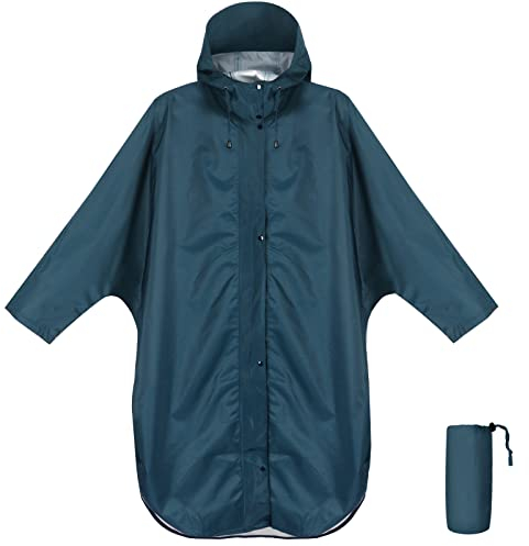 ANYOO Wasserdichter Regenponcho Regenmantel mit Kapuze und Ärmeln, Leichte und Winddichte Regenbekleidung für Damen und Herren, Meer Blau, Einheitsgröße
