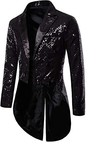 FeMereina Mens Sequin Tailcoat Swallowtail Suit Jacket Tux Dress Coat Slim Fit Tailcoat Dress Coat Swallowtail Dinner Party Wedding Blazer Suit Jacket (Black#2, S)