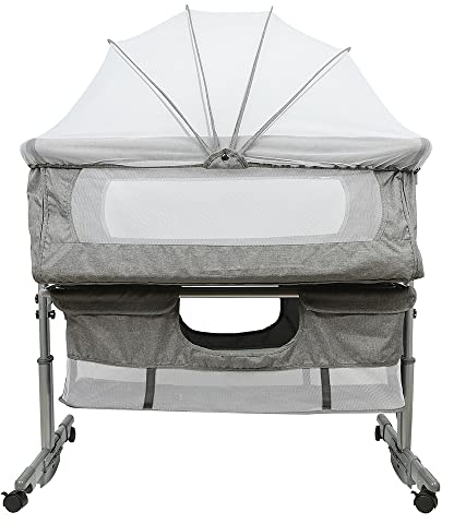 SUPFINE 3-in-1-Babybett, Höhenverstellung, Codododo-Babybett, tragbar, für Neugeborene/Säugling, Wiege Cododo mit Matratze, Moskitonetz und Aufbewahrungstasche (92 x 58 x 70 – 90 cm, Dunkelgrau) A1