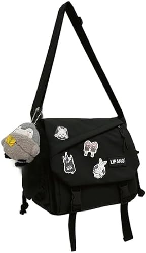 Inshere Aesthetic Crossbody Bag, Cute Messenger Bag for Women Men, Y2K Japanese Kawaii Bag with Cute Pins and Ornament Black