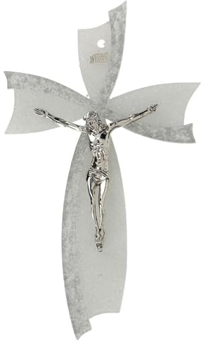 Holyart Crocifisso Vetro Murano Fiocco Bianco 15x10 cm