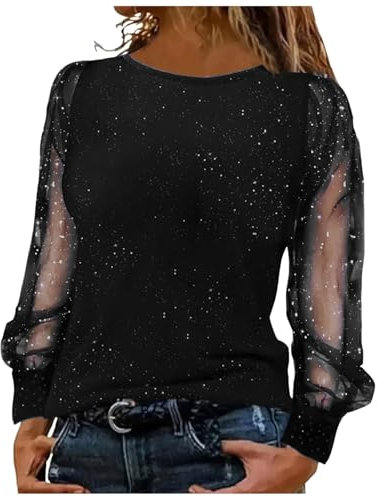 Pamqsen Damen Sexy Elegant Party Durchsichtige Bluse Schwarz Langarm Festliche-Blusen Große Größen Wickelbluse Glitzer-Shirt Tunika Pailletten-Oberteil Silvester Outfit Damenbluse Langarmshirt