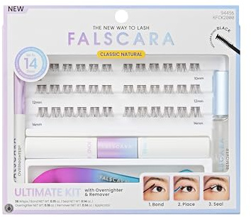 FALSCARA False Eyelash Clusters Special All Inclusive Starter Kit, Bond & Seal, Precision Applicator, Overnighter & Remover, 36 Lengthening 10mm-14mm Sporty Rounded Natural Volume Lash Extension Wisps