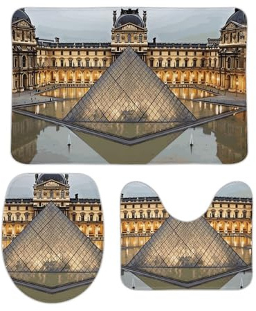 Bathroom Mat Sets 3 Piece Louvre In Paris U Shape Wc Toilet Rug Warmer With Rubber Backing Toilet Cushion, For Indoor, Floor Tub, Bedroom
