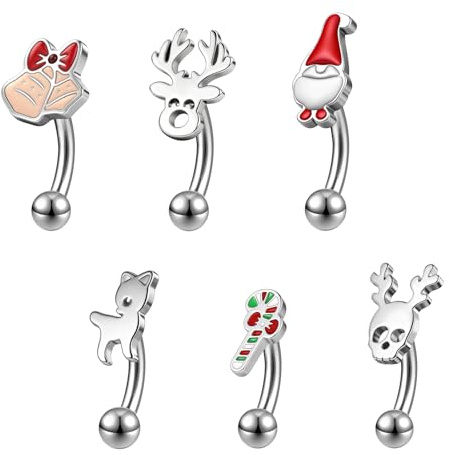 ZS Lot de 6 Bijoux Piercing Sourcil Noël 16G Acier Inoxydable, Clochette, Père Noël, Renne, Piercing Sourcil, Daith, Cartilage, Arcade pour Femme Homme (L:10mm)
