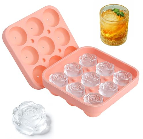 XRVRILE Stampo in silicone per cubetti di ghiaccio a forma di rosa, in silicone, 9 scomparti, con coperchio, riutilizzabile, per gelato, whisky, cocktail, succhi di frutta, caffè