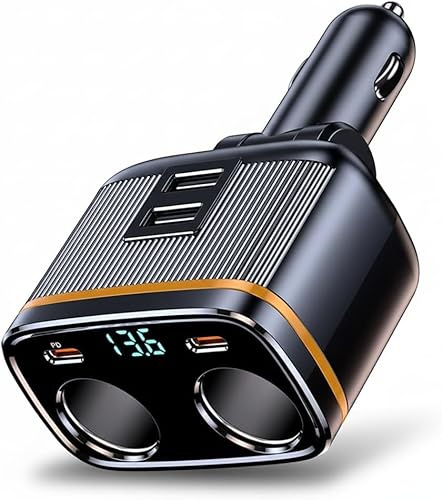 KEEDIN 145W USB-C Car Charger Quick Charge, 6-in-1 Cigarette Lighter Splitter with 2× PD USB-C, 2× USB-A & 2× 12V Sockets, LED Voltmeter, for 12V-24V Vehicles