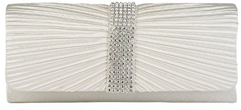 Eleoption Womens Satin Diamante Ladies Pleated Bow Wedding Bridal Prom Handbag Clutch Bag,Ivory