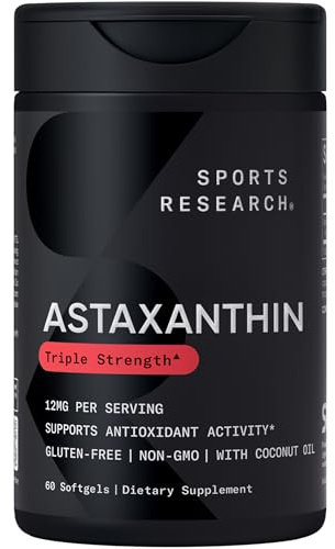 Sports Research® Triple Strength Astaxanthin 12mg w/Organic Coconut Oil - Antioxidant Supplement for Skin & Eye Health Support* - Soy Free · Non-GMO · Gluten Free - 60 Softgels