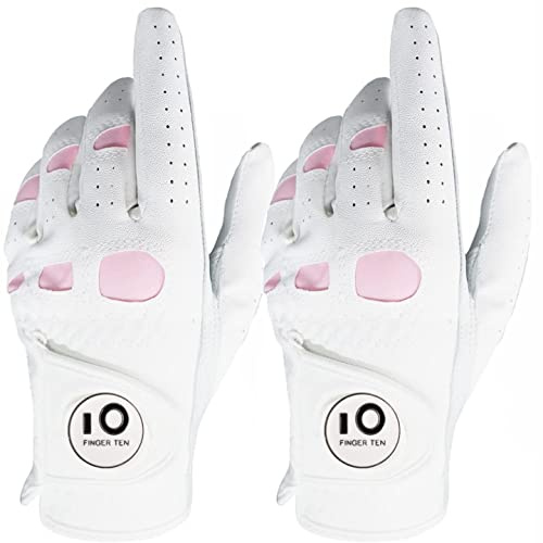 FINGER TEN Gants De Golf Femme Main Gauche Droite en Cuir Cabretta Marqueur De Balle， Gant Durable Confortable Doux Taille S M L XL (2 Pack Main Gauche(Worn on Left Hand), S)