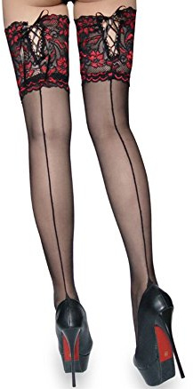 ICGSUQR Women Cuban Heel Thigh High Stockings with Back Seam Sexy Lace Top Pantyhose Tall Stay-Up Red/Black, Black, One size