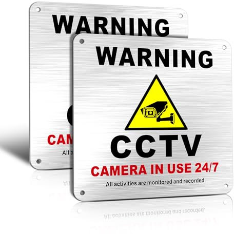 TAKULA Pre-drilled Aluminium CCTV Sign - 15 * 15cm Brushed Metal, 24 HR Outdoor Waterproof, UV Resistant, Durable | Pack of 2
