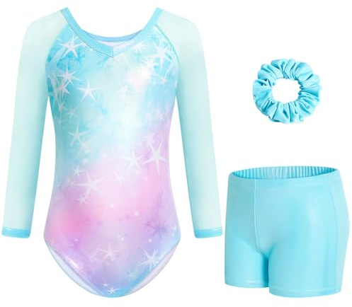Gogokids Mädchen 3-teilige V-Ausschnitt Turnanzüge, 3/4-Arm Turnoutfit mit Netz Splicing Design, Funkelnde Turnbekleidung für Mädchen mit Shorts und Haarband für Alter 11-12 und als Turngeschenk